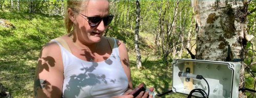 Ann-Hege Lund installerer en personteller langs stien ned mot Rombaksbotn, som er en av destinasjone