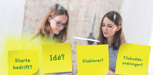 Illustrasjonsbilde, mennesker og gule lapper med tekst: Etablerer, tilskudssordninger, starte bedrif